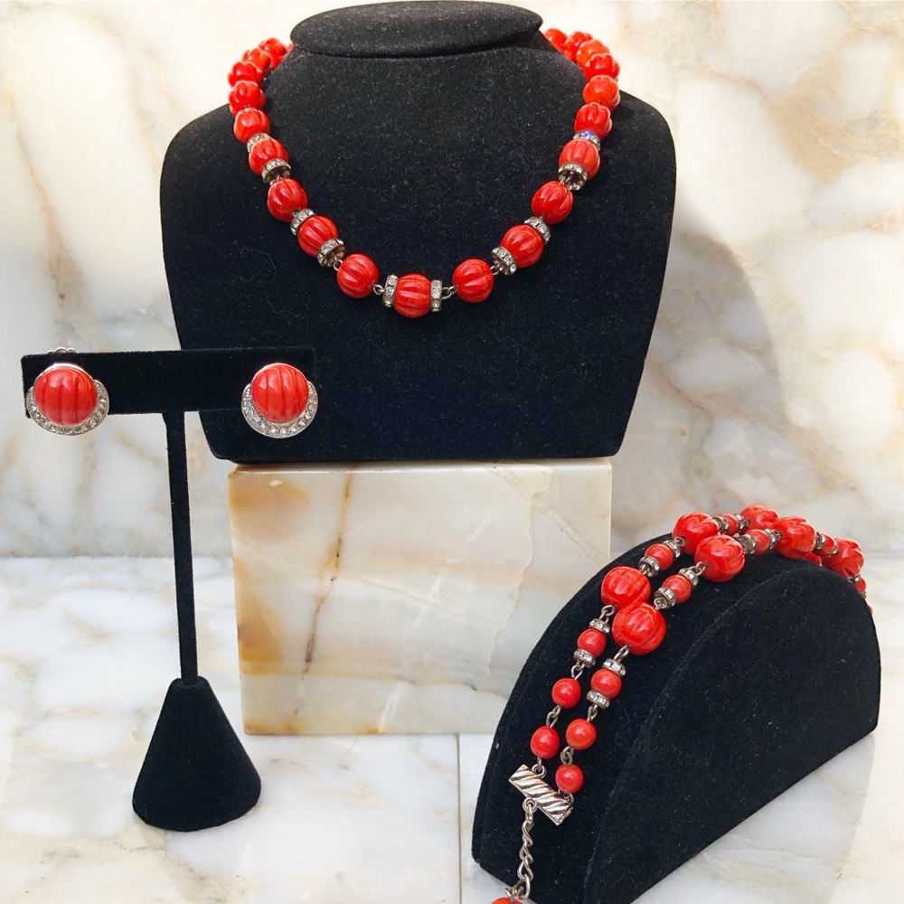 Eisenberg 3 pc coral color bead & rhinestone set